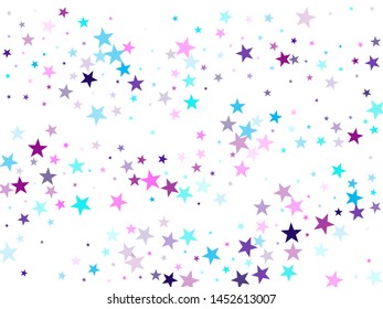 Flying stars confetti holiday vector in cyan blue violet on white. Sky space concept funny artwork. Party stars pattern graphic design. Geometric starlight banner.