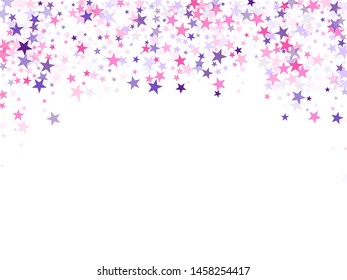 Flying stars confetti holiday vector in pink violet purple on white. Christmas banner decoration. Cool flying stars scatter background. New year festive sparkles design.