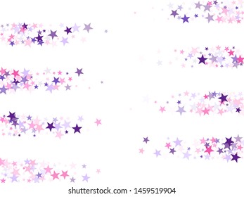 Flying stars confetti holiday vector in pink violet purple on white. Twinkle starburst astral wallpaper. Cute cartoon stars holiday vector. New year festive sparkles design.