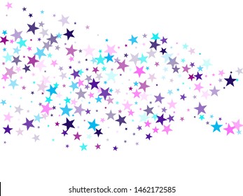 Flying stars confetti holiday vector in cyan blue violet on white. Christmas banner decoration. Cool flying stars scatter background. Fairytale magic card backdrop.