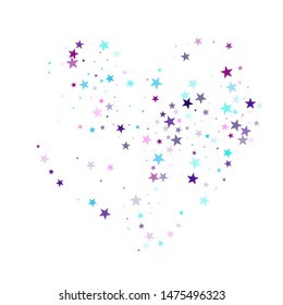 Flying stars confetti holiday vector in cyan blue violet on white. Magical starry bright card decoration. Cute cartoon stars holiday vector. Magic sparkles decorative print.