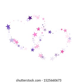 Flying stars confetti holiday vector in pink violet purple on white. Cosmic sparkles stylish design. Cute cartoon stars holiday vector. Magical starry bright card decoration.