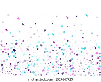 Flying stars confetti holiday vector in cyan blue violet on white. Fairytale magic card backdrop. Trendy stars explosion background. Fireworks elements confetti.