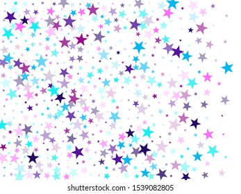 Flying stars confetti holiday vector in cyan blue violet on white. New year festive sparkles design. Cute cartoon stars holiday vector. Twinkle starburst astral wallpaper.