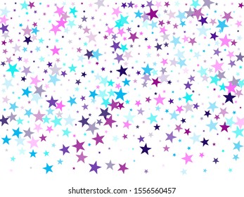 Flying stars confetti holiday vector in cyan blue violet on white. New year festive sparkles design. Trendy stars explosion background. Twinkle starburst astral wallpaper.