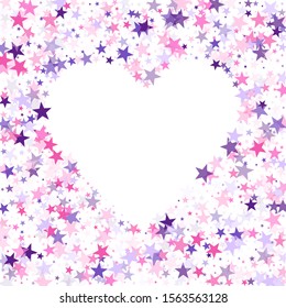 Flying stars confetti holiday vector in pink violet purple on white. Chaotic holiday decor backdrop. Cool flying stars scatter background. Fireworks elements confetti.