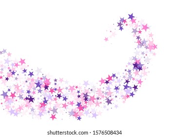 Flying stars confetti holiday vector in pink violet purple on white. Fireworks elements confetti. Trendy stars explosion background. Geometric starlight banner.