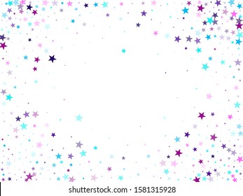 Flying stars confetti holiday vector in cyan blue violet on white. Fairytale magic card backdrop. Cute cartoon stars holiday vector. Twinkle starburst astral wallpaper.