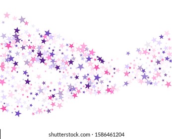 Flying stars confetti holiday vector in pink violet purple on white. Christmas banner decoration. Cute cartoon stars holiday vector. Chaotic holiday decor backdrop.