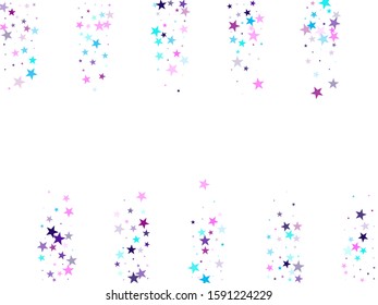 Flying stars confetti holiday vector in cyan blue violet on white. Abstract starburst modern confetti. Trendy stars explosion background. Chaotic holiday decor backdrop.