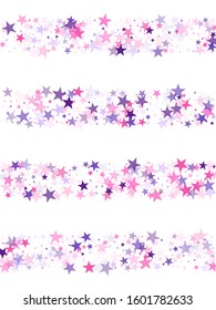 Flying stars confetti holiday vector in pink violet purple on white. Salute celebration elements isolated. Cute cartoon stars holiday vector. Surprise party decoration.