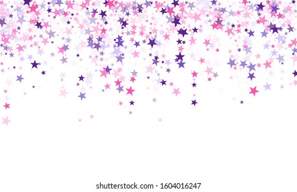 Flying stars confetti holiday vector in pink violet purple on white. Cosmic sparkles stylish design. Cool flying stars scatter background. Abstract starburst modern confetti.