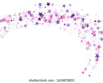 Flying stars confetti holiday vector in pink violet purple on white. Salute celebration elements isolated. Trendy stars explosion background. Magic sparkles decorative print.