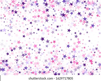 Flying stars confetti holiday vector in pink violet purple on white. Fairytale magic card backdrop. Party stars pattern graphic design. Falling sky sparkle elements.