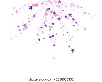Flying stars confetti holiday vector in pink violet purple on white. Chaotic holiday decor backdrop. Trendy stars explosion background. Falling sky sparkle elements.