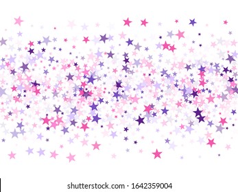 Flying stars confetti holiday vector in pink violet purple on white. Twinkle starburst astral wallpaper. Trendy stars explosion background. Fairytale magic card backdrop.