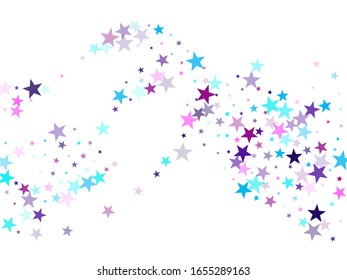 Flying stars confetti holiday vector in cyan blue violet on white. Surprise party decoration. Cute cartoon stars holiday vector. Twinkle starburst astral wallpaper.