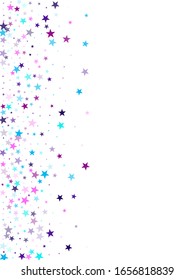 Flying stars confetti holiday vector in cyan blue violet on white. Fairytale magic card backdrop. Party stars pattern graphic design. Falling sky sparkle elements.