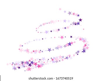 Flying stars confetti holiday vector in pink violet purple on white. Chaotic holiday decor backdrop. Party stars pattern graphic design. Salute celebration elements isolated.