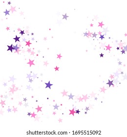 Flying stars confetti holiday vector in pink violet purple on white. Magic sparkles decorative print. Cute cartoon stars holiday vector. Magical starry bright card decoration.