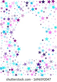Flying stars confetti holiday vector in cyan blue violet on white. New year festive sparkles design. Cute cartoon stars holiday vector. Twinkle starburst astral wallpaper.