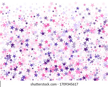 Flying stars confetti holiday vector in pink violet purple on white. Fireworks sparkles festival symbols. Cute cartoon stars holiday vector. Fireworks elements confetti.