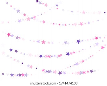 Flying stars confetti holiday vector in pink violet purple on white. Christmas banner decoration. Party stars pattern graphic design. Fairytale magic card backdrop.