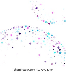 Flying stars confetti holiday vector in cyan blue violet on white. Fireworks sparkles festival symbols. Cool flying stars scatter background. Falling sky sparkle elements.