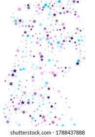 Flying stars confetti holiday vector in cyan blue violet on white. Falling sky sparkle elements. Party stars pattern graphic design. Fairytale magic card backdrop.
