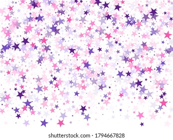 Flying stars confetti holiday vector in pink violet purple on white. Cosmic sparkles stylish design. Trendy stars explosion background. Salute celebration elements isolated.