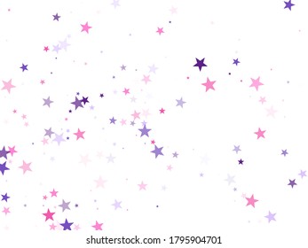 Flying stars confetti holiday vector in pink violet purple on white. Chaotic holiday decor backdrop. Party stars pattern graphic design. Fireworks elements confetti.
