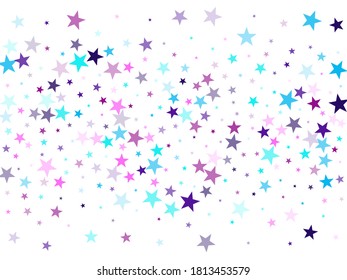 Flying stars confetti holiday vector in cyan blue violet on white. Fireworks elements confetti. Cool flying stars scatter background. Magic sparkles decorative print.