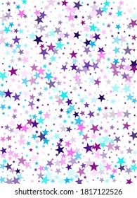 Flying stars confetti holiday vector in cyan blue violet on white. Twinkle starburst astral wallpaper. Party stars pattern graphic design. Geometric starlight banner.