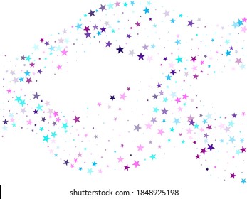 Flying stars confetti holiday vector in cyan blue violet on white. Magical starry bright card decoration. Party stars pattern graphic design. Cosmic sparkles stylish design.