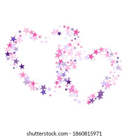 Flying stars confetti holiday vector in pink violet purple on white. Chaotic holiday decor backdrop. Cool flying stars scatter background. Sky space concept funny artwork.