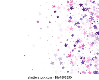 Flying stars confetti holiday vector in pink violet purple on white. New year festive sparkles design. Party stars pattern graphic design. Twinkle starburst astral wallpaper.