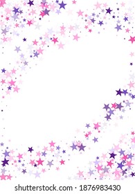 Flying stars confetti holiday vector in pink violet purple on white. Chaotic holiday decor backdrop. Cute cartoon stars holiday vector. Falling sky sparkle elements.