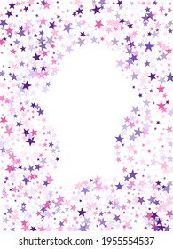 Flying stars confetti holiday vector in pink violet purple on white. Chaotic holiday decor backdrop. Cool flying stars scatter background. Christmas banner decoration.