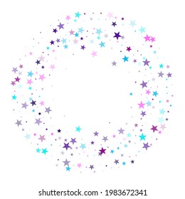 Flying stars confetti holiday vector in cyan blue violet on white. Abstract starburst modern confetti. Trendy stars explosion background. Surprise party decoration.