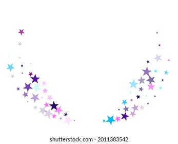 Flying stars confetti holiday vector in cyan blue violet on white. Abstract starburst modern confetti. Cute cartoon stars holiday vector. Chaotic holiday decor backdrop.