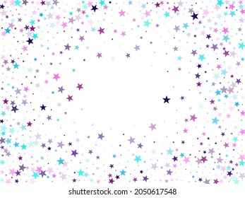 Flying stars confetti holiday vector in cyan blue violet on white. Christmas banner decoration. Cool flying stars scatter background. Chaotic holiday decor backdrop.