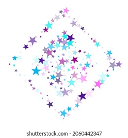 Flying stars confetti holiday vector in cyan blue violet on white. Sky space concept funny artwork. Cool flying stars scatter background. Fireworks sparkles festival symbols.