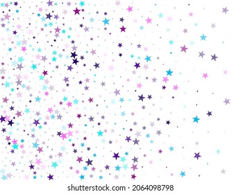 Flying stars confetti holiday vector in cyan blue violet on white. Chaotic holiday decor backdrop. Party stars pattern graphic design. Twinkle starburst astral wallpaper.