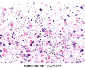 Flying stars confetti holiday vector in pink violet purple on white. Chaotic holiday decor backdrop. Trendy stars explosion background. Magical starry bright card decoration.