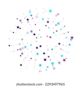 Flying stars confetti holiday vector in cyan blue violet on white. New year festive sparkles design. Cool flying stars scatter background. Twinkle starburst astral wallpaper.