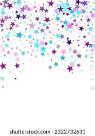 Flying stars confetti holiday vector in cyan blue violet on white. Fireworks elements confetti. Cool flying stars scatter background. Geometric starlight banner.