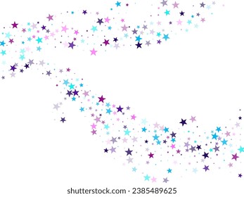 Flying stars confetti holiday vector in cyan blue violet on white. New year festive sparkles design. Cool flying stars scatter background. Twinkle starburst astral wallpaper.