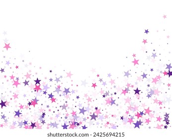 Fliegende Sterne Konfetti Urlaub Vektor in pink violett lila auf weiß. Weihnachtsbanner-Dekoration. Party-Sterne Muster Grafikdesign. Chaotische Urlaubskulisse.
