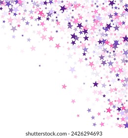 Flying stars confetti holiday vector in pink violet purple on white. Twinkle starburst astral wallpaper. Cute cartoon stars holiday vector. Cosmic sparkles stylish design.