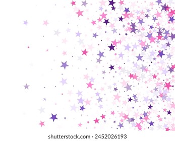 Vector de vacaciones de confeti de estrellas voladoras en púrpura violeta rosa sobre blanco. Saluda a los Elementos de celebración aislados. Estrellas de fiesta patrón de Diseño gráfico. Diseño elegante con destellos cósmicos.